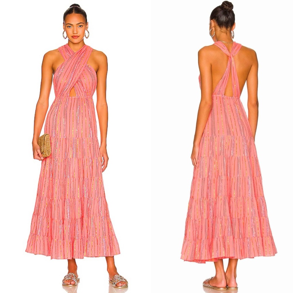 SUNDRESS Suzie Maxi Dress Sao Paolo Rainbow Metallic Stripe Bright Pink XL NWT - Picture 2 of 13